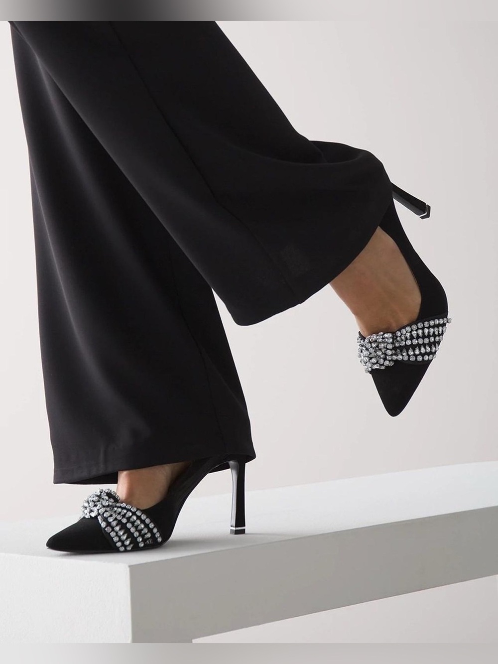 WHBM Embellished Black Pointed Toe Stiletto Heels